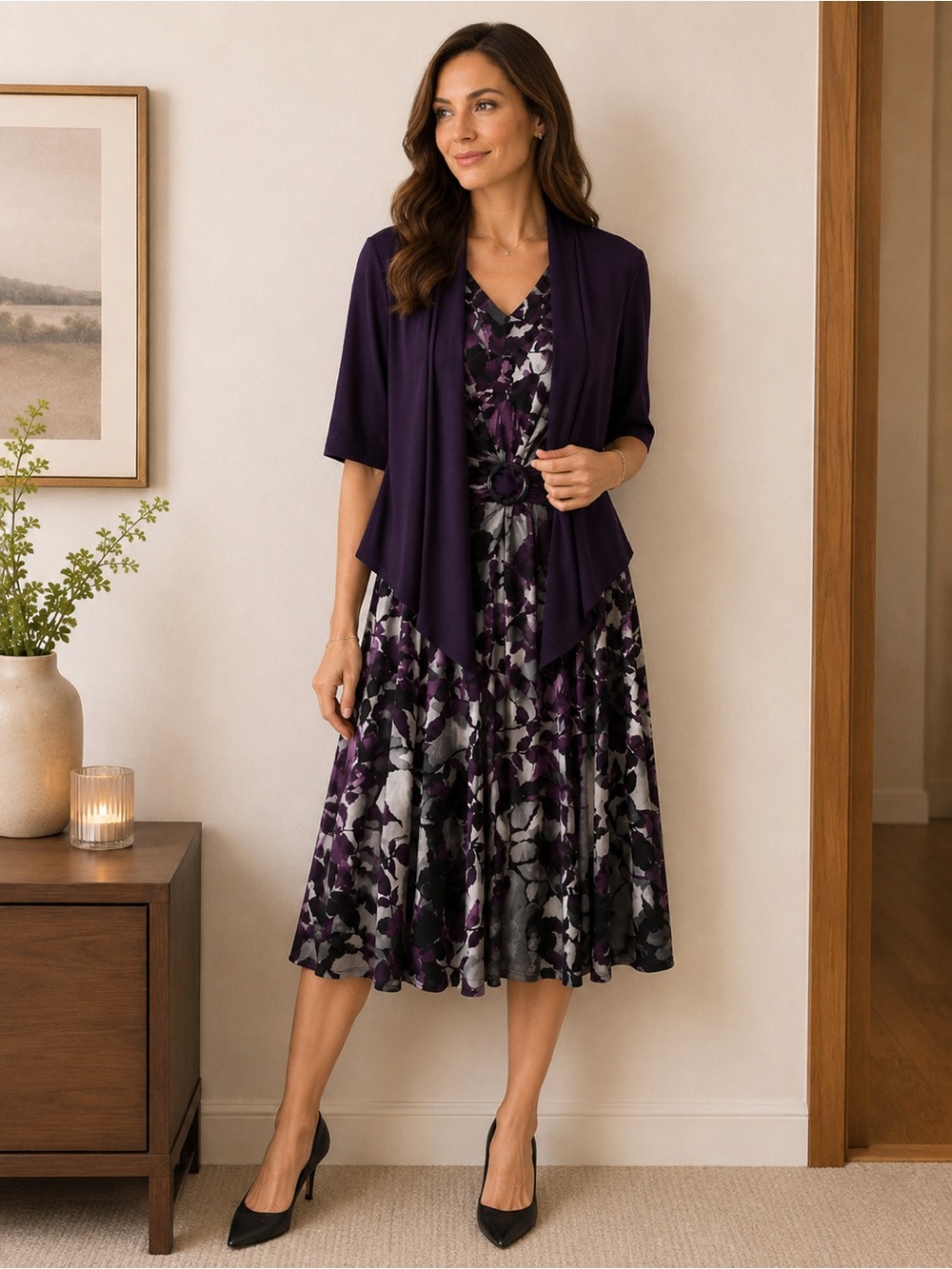 Connected Apparel Purple Floral Dress with Matching Jacket